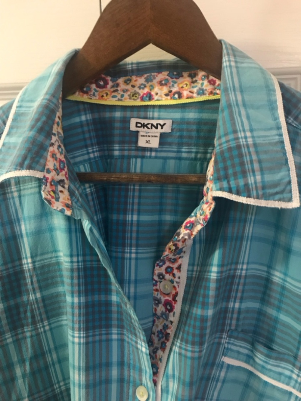 DKNY Teal and Turquoise Plaid Lounge Button-Up Shirt with Floral Trim